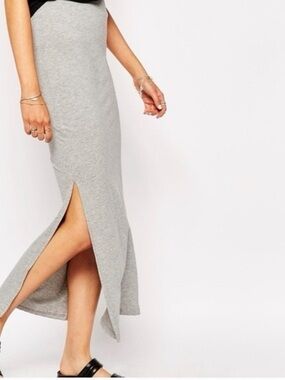 Aritzia Light Gray Ribbed Maxi Skirt with Side Slit